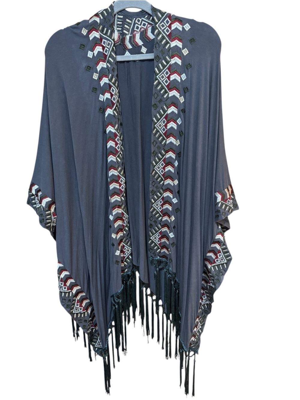 POL Clothing Aztec Embroidered Fringe Kimono Cardigan Duster Charcoal Boho OS